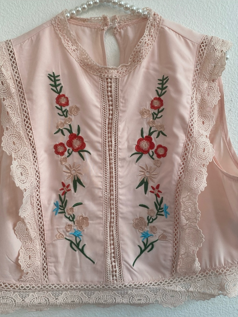Blush Pink Embroidered Floral Lace Trim Top Sleeveless Boho Cottagecore Women M